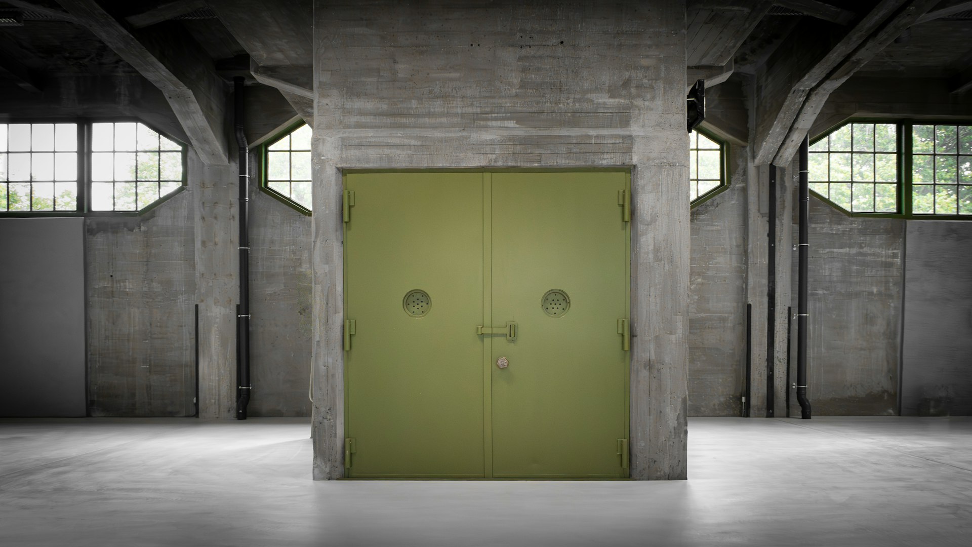 Large olive green double doors in concrete room